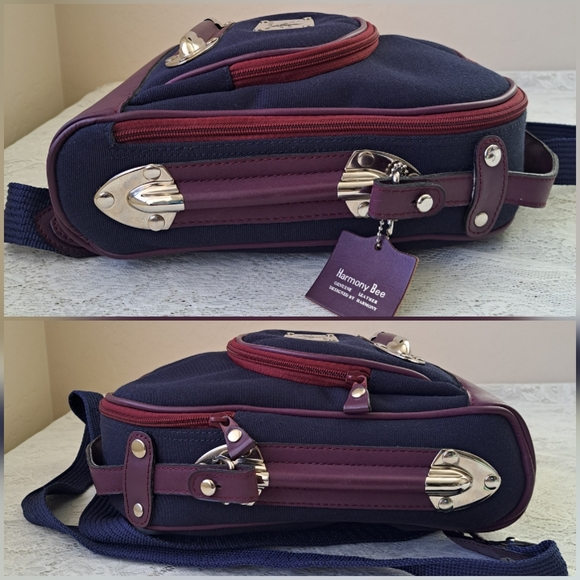 Small Canvas & Leather Backpack Navy and Plum with Silver Hardware Bee Accent - Picture 7 of 14